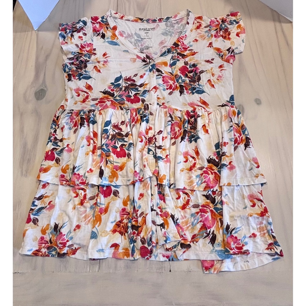 Torrid Super Soft Floral Button Front Tiered Babydoll Top White Size 1 - Picture 9 of 11